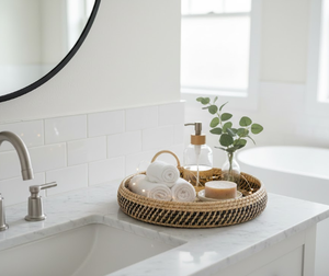 Plateau rond en jonc de mer tressé à la main style bohème avec poignées, plateau décoratif en osier noir naturel pour table, décoration intérieure du Vietnam - Product Image 5