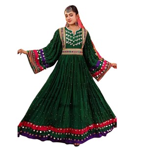 Afghani Embroidered Maxi <b>Dress</b> With Contrast Color Handwork For Party Wear <b>Bohemian</b> Style Long Sleeve A-Line Fit Casual <b>Dresses</b> - Product Image 1