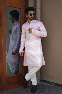 Ensemble Kurta Pyjama Homme en Coton PC Lourd Brodé Imprimé Effet Ombré Tenue Traditionnelle Ethnique Élégante pour Mariage et Fêtes - Product Image 5