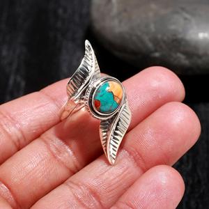 Bague de fiançailles artisanale en argent sterling 925 de style bohème pour femme, magnifique pierre précieuse turquoise coquille Saint-Jacques en cuivre, taille ovale - Product Image 2