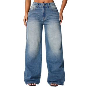 Jean en denim de coton délavé taille haute pour femme, coupe ample, jambe large, longueur intégrale, respirant, hiver, 340g, tendance mode - Product Image 1