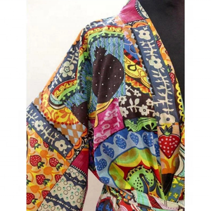 New Arrival Handmade Long Multicolored V-neck Long Sleeves <b>Kimono</b> Robe With Fruit Patterns for <b>Women</b> - Product Image 3