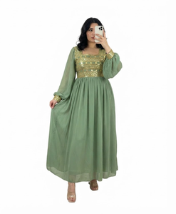Elegante Vestido Maxi de Gasa Verde Bordado con Cuello Cuadrado y Manga Larga, Estilo Bohemio para Fiesta, Holgado y de Verano para Mujer - Product Image 2