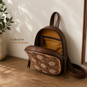 Hand Tooled Floral Carved Leather Women's <b>Backpack</b> Genuine Leather Western <b>Backpack</b> <b>Purse</b> Handmade Fashion Travel Style Bagpack - Product Image 3