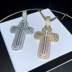 Baguette Cross Pendant Necklace Moissanite Diamond Two Tone 925 Silver <b>Iced</b> <b>Out</b> Hip Hop <b>Chain</b> - Product Image 6
