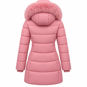 Veste longue matelassée unisexe rose à capuche en fourrure, manteau d'hiver en toile avec blocs de couleur, garniture en fourrure, fermeture éclair, coupe-vent, épaisse, coupe ajustée, décontractée - Product Image 2
