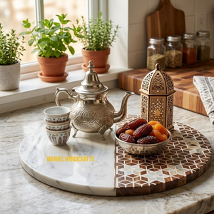 Designer Mother of Pearl Wood Craft Serving Tray | Handmade Ramadan Eid Decorative Food Serving Platter for Home Kitchen <b>Gift</b> - Product Image 1