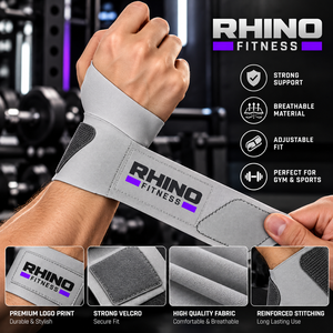 สายรัดข้อมือซ้าย Rhino Fitness สีเทา ผ้าฝ้าย ปรับได้ด้วยแถบตีนตุ๊กแก สำหรับยกน้ำหนัก - Product Image 3