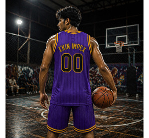 Maillot de basket authentique 2025, logo d'équipe personnalisé, impression numérique, broderie 3D, violet, noir, rayures fines, noir-or, unisexe - Product Image 2
