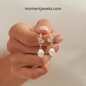 <b>Gold</b> Plated Pearl Drop <b>Earrings</b> Marquise Cut Cubic Zirconia Leaf <b>Dangle</b> <b>Earrings</b> for Wedding Gift - Product Image 1