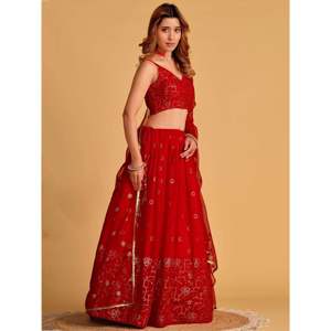 <b>Red</b> Embroidered Georgette Engagement <b>Lehenga</b> Choli for <b>Wedding</b> Apparel - Product Image 5