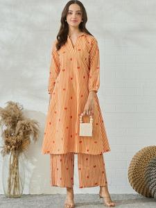 Orange Striped Heart Digital Print Cotton Quick Dry Traditional <b>Kurta</b> Set <b>Women</b> Regular Fit Knee-Length Casual Wear India - Product Image 1