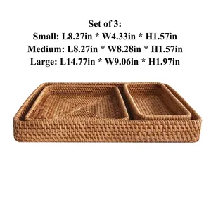 Ensemble de plateaux de service multifonctionnels en rotin tressé de style moderne, rectangulaires, faits à la main, avec 3 compartiments pour le rangement des aliments à la maison - Product Image 2