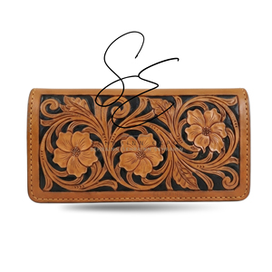 Cartera Larga de Cuero Repujado a Mano Estilo Vintage con Diseño Floral, Cartera Bifold Occidental con Múltiples Ranuras para Tarjetas, Dinero en Efectivo, Monedas y Billetes - Product Image 1