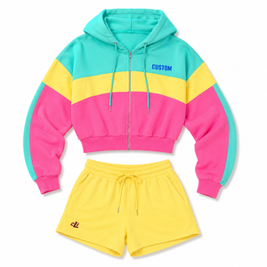 Fashion Forward Color Block Cropped <b>Zip</b> Hoodies Matching <b>Shorts</b> Set Custom Logo Heavy Winter Fleece Relaxed Fit Y2K Tracksuit - Product Image 5