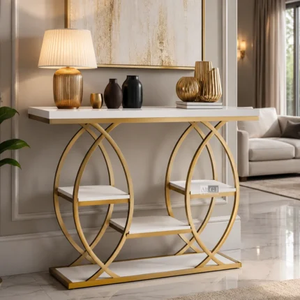 Table console minimaliste blanche avec un cadre en X géométrique doré moderne, disponible à prix de gros. - Product Image 6