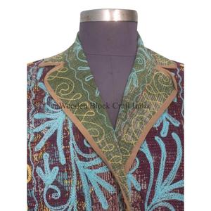 Veste Kantha pour femmes, faite à la main, vintage, manches longues, col en V, écologique, tricotée en coton indien, broderie, automne-hiver - Product Image 3