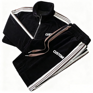 Sturdy Grip Wears Custom Men's Autumn Tracksuit Set Black Corduroy Full-<b>Zip</b> Jacket Striped Pants Breathable Lightweight Casual - Product Image 1