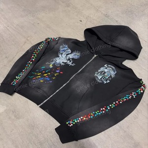 Sweat-shirt à capuche en strass en gros, logo personnalisé, imprimé diamant scintillant, vêtement tendance urbain - Product Image 3