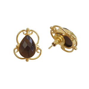 Pendientes de botón de cuarzo ahumado con engaste clásico de bisel, hechos a mano, chapados en oro de 18 quilates, diseño de luna, de Laxmi Jewellers, para boda - Product Image 3