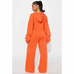 <b>Women's</b> Orange Hooded Cropped Hoodie Wide Leg Pants Tracksuit <b>Set</b> Printed Solid Acid Wash Distressed Ripped Casual Oversized - Product Image 3