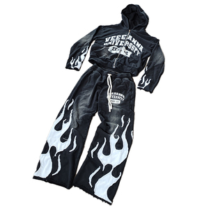 Custom Acid Wash Tracksuit Heavyweight Cotton Distressed <b>Embroidery</b> Patch Cropped Sweatpants <b>Set</b> for Men Sweatsuit - Product Image 1