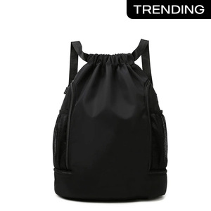 Unisex Black <b>Drawstring</b> Backpack With Mesh Side Pockets Lightweight Gym <b>Bag</b> Casual Style 20-30L Capacity Polyester Material - Product Image 1