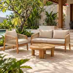 Modern <b>Outdoor</b> Teak Wood 3 Seater Sofa with Woven Rope and <b>Cushion</b> for Villa Hotel Resort <b>Garden</b> Patio Furniture - Product Image 6