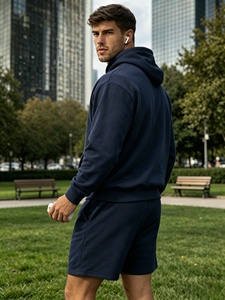 Ensemble sweat-shirt à capuche et short pour homme, bleu marine, décontracté, couleur unie, tissu French Terry, tenue d'été - Product Image 6