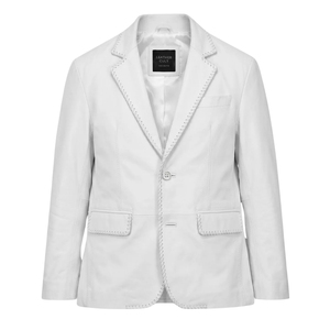 <b>Leather</b> Cult <b>Men's</b> White Genuine <b>Leather</b> <b>Blazer</b> Single Button Satin Lined Jacket - Product Image 1