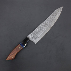 Couteau de cuisine Santoku japonais haut de gamme, entièrement forgé en acier Damas, 13 pouces, lame martelée et affûtée, manche en bois de rose. - Product Image 2