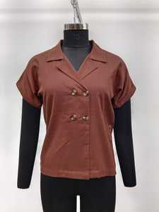 Blusa de Popelina de Algodón Marrón para Mujer, Manga Corta, Cuello con Muescas, Botones, Corte Regular, Largo Corto, Color Sólido, Transpirable - Product Image 1