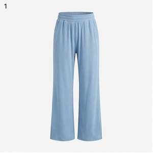 Pantalones de yoga para mujer de cintura alta, acampanados, hasta el tobillo, de color azul claro liso, transpirables, de algodón y elastano con cintura elástica - Product Image 1