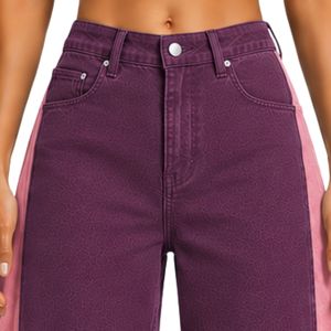 Jean large pour femme violet et rose, taille haute, en denim bicolore, style décontracté streetwear, pantalon tendance coupe ample - Product Image 5