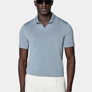 Polo en tricot à manches courtes bleu clair pour homme, coupe classique, couleur unie, tissu en coton respirant - Product Image 1
