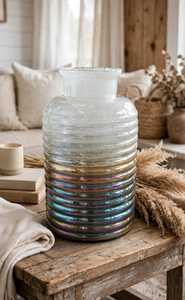 Iridescent Ribbed Handmade Eco-Friendly Glass Vase Translucent Vintage Tabletop Wedding Candle Holder Round - Product Image 1
