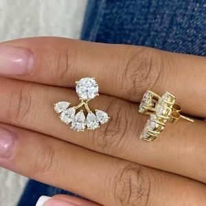 Pendientes de Diamantes Redondos y en Forma de Pera para Mujer, Oro Amarillo de 14K, Diamantes Naturales, Pendientes Delanteros y Traseros, Regalo de Lujo para Novia - Product Image 2