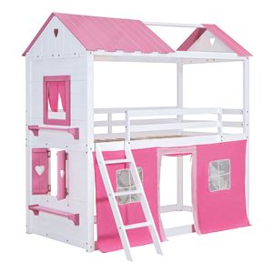 Elegante Letto a Castello Singolo con Finestre e Davanzali in Legno Rosa e Bianco per Bambini - Product Image 5
