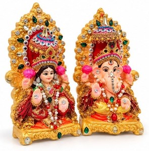 Ensemble de 2 statues religieuses Ganesha et Lakshmi en polyrésine, fabriquées à la main, décoration traditionnelle pour la maison, cadeau de Diwali - Product Image 1