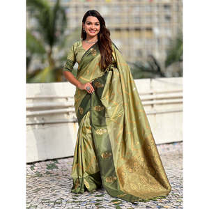Sari de Seda Suave Verde Pista de Elite Weaves, Diseño Zig Zag con Bordado Zari, Vestidos Elegantes de Noche - Product Image 6