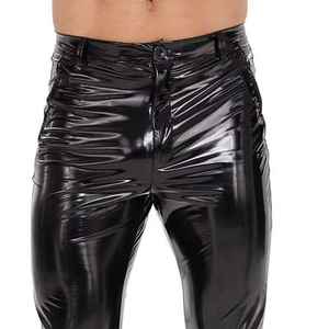 Pantalon slim noir en similicuir PU pour homme, coupe crayon, longueur intégrale, couleur unie, fermeture boutonnée, style club sexy, taille mi-haute, aspect satiné - Product Image 3