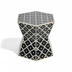 Black and <b>White</b> Bone Inlay MDF Side Table Handmade Hexagonal Bedside <b>Wardrobe</b> Luxury Table Bedroom Accent Furniture - Product Image 3