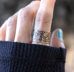 Copper Hand Forged Vintage Wide Engraved Botanical Leaf Textured <b>Magnetic</b> <b>Ring</b> Solid Flat Edge Finger <b>Ring</b> - Product Image 3