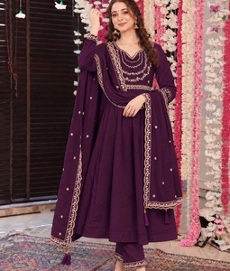 Conjunto indio pakistaní morado de seda bordada, traje Anarkali de manga larga, Salwar Kameez con Dupatta para bodas, ropa para mujer. - Product Image 1