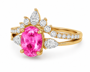 Bague de fiançailles de luxe ovale inspirée d'une couronne, sertie de pierres latérales en forme de poire et rondes, en or 10K, 14K, 18K et en argent 925, 935 - Product Image 3