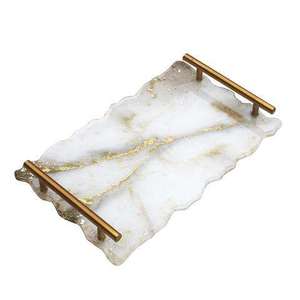 Luxury Decorative Resin <b>Serving</b> <b>Tray</b> with <b>Gold</b> Handles Marble Texture Display <b>Tray</b> for Coffee Table or Vanity Decor - Product Image 3