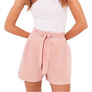 Shorts de Lino y Algodón Rosa de Cintura Alta con Cinturón, Estilo Casual de Verano, Shorts Transpirables de Color Sólido para Mujer - Product Image 4