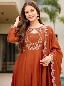 Luxury Rust Orange Silk Georgette Anarkali Gown Suit Heavy Silver Embroidery Flared Frock Style Kurta Pant Indian Pakistani Wedd - Product Image 3