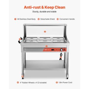 Scaldavivande Elettrico Commerciale Professionale 6 Vaschette da 1/2, 1500W, per Buffet e Catering, con Copertura Protettiva - Product Image 5