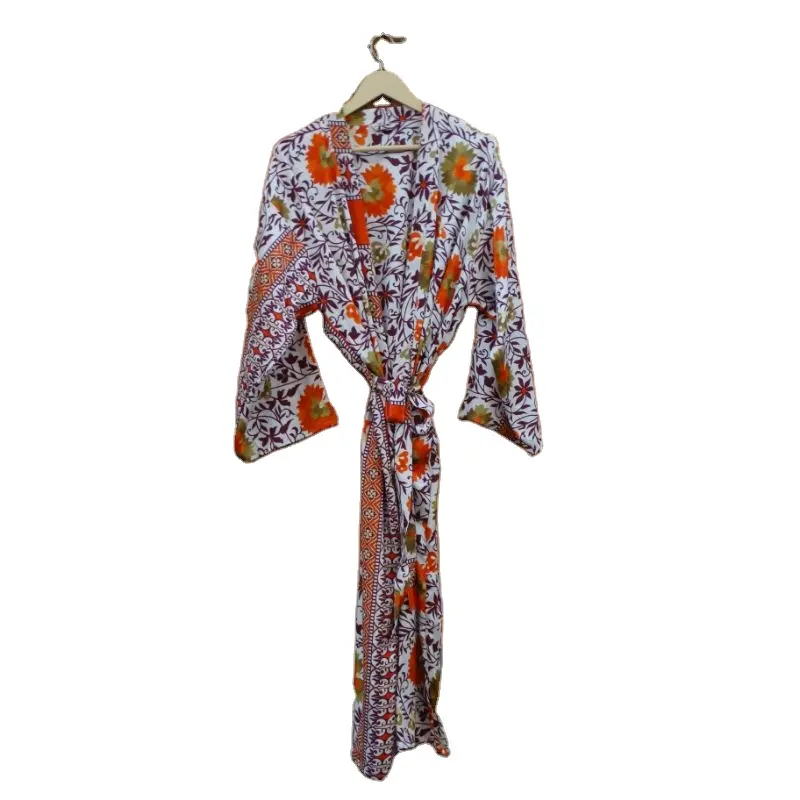 Multi-Colour Up-cycled Sleepwear Vintage Silk Saree Floral Kimono Indian Handmade Maxi Gown Dress Style Knee Length Bathrobe